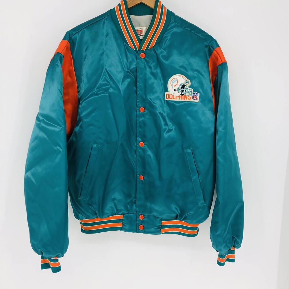 Vintage Swingster Large Miami Dolphins Snap Button Satin Football Jacket USA Nyl